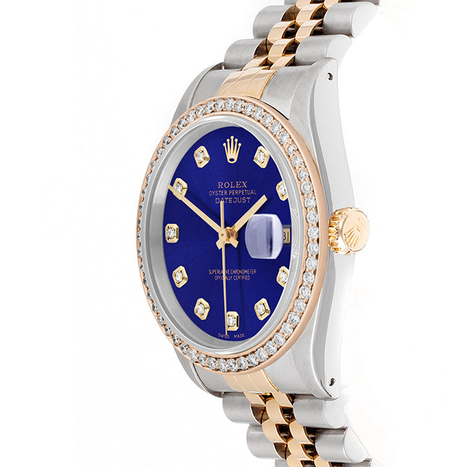 Rolex Datejust 36mm TWO TONE 16233 Blue Dial |  Diamond Hour Markers | 1ct Diamond Bezel