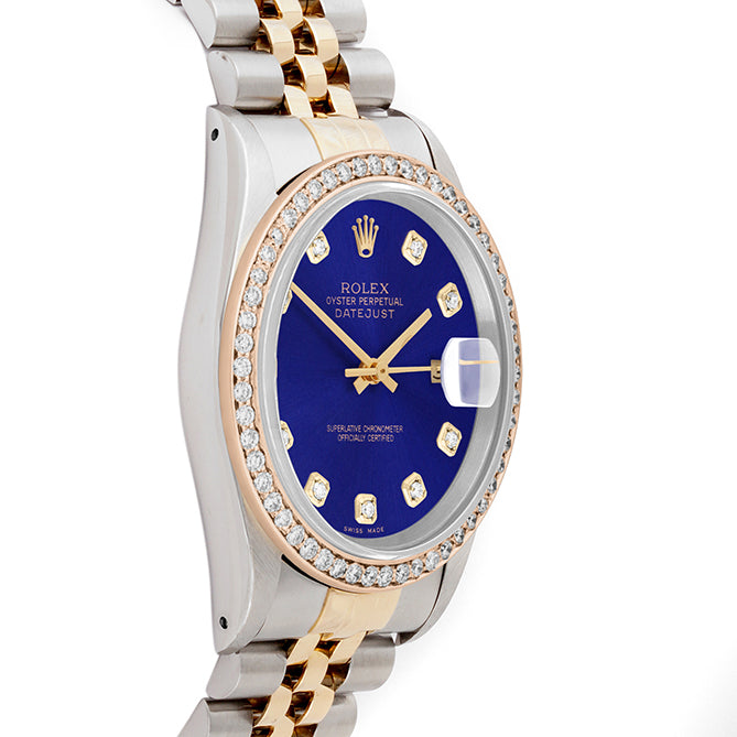 Rolex Datejust 36mm TWO TONE 16233 Blue Dial |  Diamond Hour Markers | 1ct Diamond Bezel