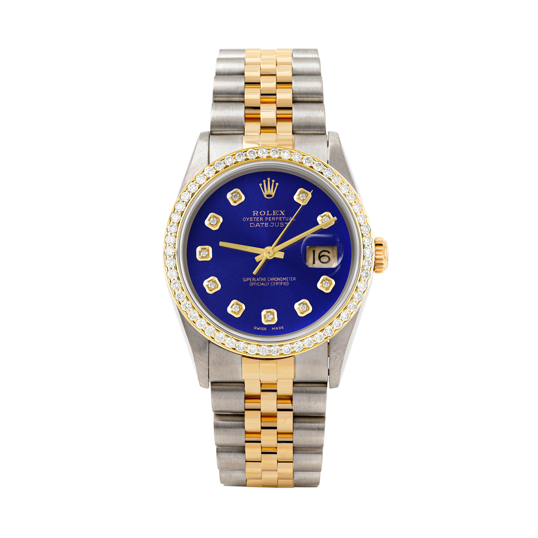 Rolex Datejust 36mm TWO TONE 16233 Blue Dial |  Diamond Hour Markers | 1ct Diamond Bezel