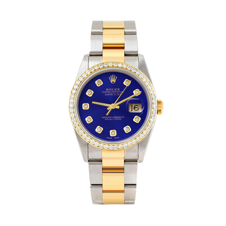Rolex Datejust 36mm TWO TONE 16233 Blue Dial |  Diamond Hour Markers | 1ct Diamond Bezel