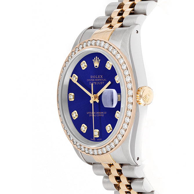Rolex Datejust 36mm TWO TONE 16233 Blue Dial | Diamond  Hour Markers | 1.8ct Diamond Bezel