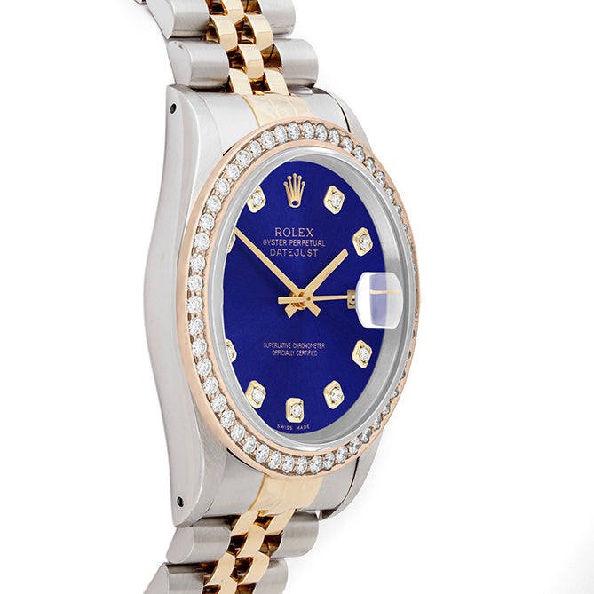 Rolex Datejust 36mm TWO TONE 16233 Blue Dial | Diamond  Hour Markers | 1.8ct Diamond Bezel