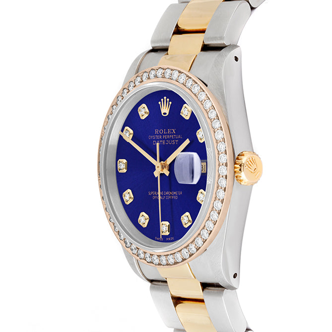 Rolex Datejust 36mm TWO TONE 16233 Blue Dial | Diamond  Hour Markers | 1.8ct Diamond Bezel