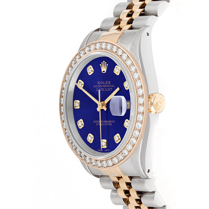 Rolex Datejust 36mm TWO TONE 16233 Blue Dial | Diamond Hour Markers | 2ct Diamond Bezel