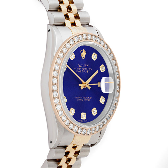 Rolex Datejust 36mm TWO TONE 16233 Blue Dial | Diamond Hour Markers | 2ct Diamond Bezel
