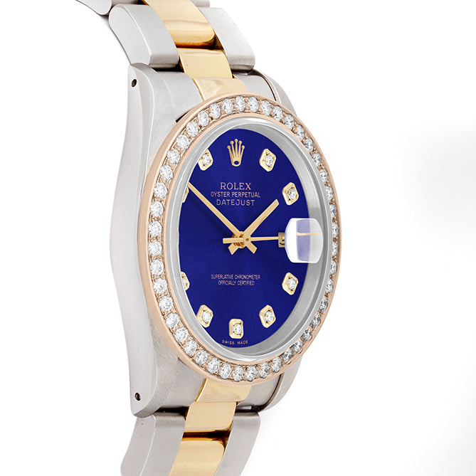 Rolex Datejust 36mm TWO TONE 16233 Blue Dial | Diamond Hour Markers | 2ct Diamond Bezel