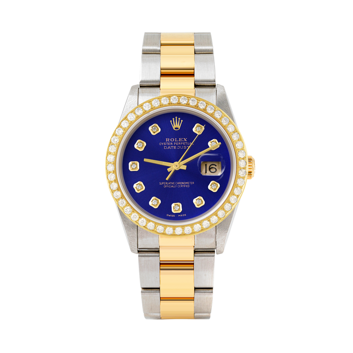 Rolex Datejust 36mm TWO TONE 16233 Blue Dial | Diamond Hour Markers | 2ct Diamond Bezel