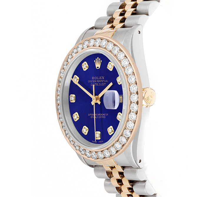 Rolex Datejust 36mm TWO TONE 16233 Blue Dial | Diamond Hour Markers | 2.5ct Diamond Bezel