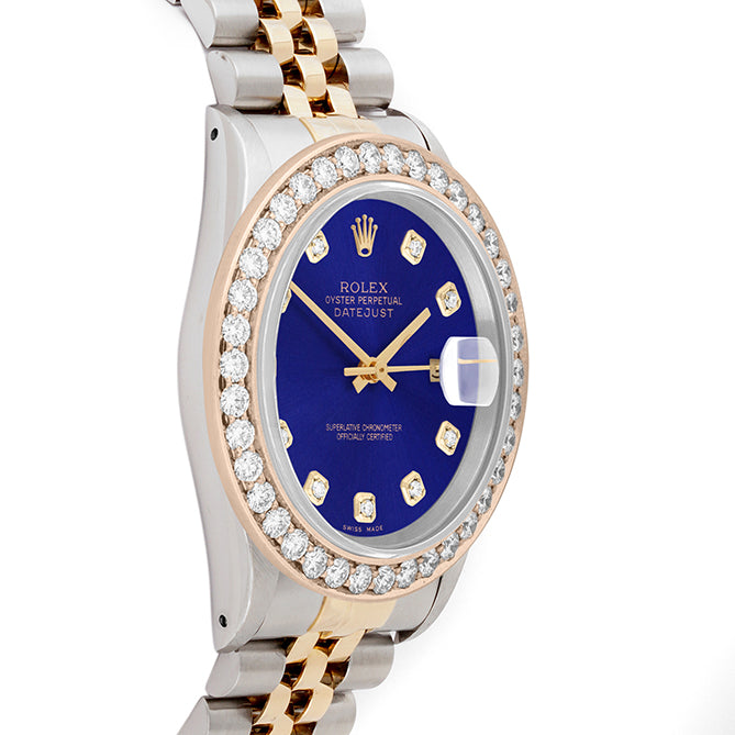 Rolex Datejust 36mm TWO TONE 16233 Blue Dial | Diamond Hour Markers | 2.5ct Diamond Bezel