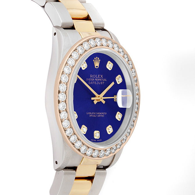 Rolex Datejust 36mm TWO TONE 16233 Blue Dial | Diamond Hour Markers | 2.5ct Diamond Bezel