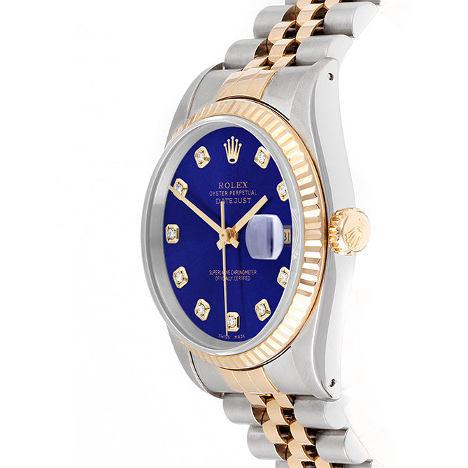Rolex Datejust 36mm TWO TONE 16233 Blue Dial | Diamond  Hour Markers | Fluted Bezel