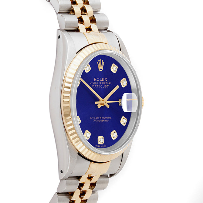 Rolex Datejust 36mm TWO TONE 16233 Blue Dial | Diamond  Hour Markers | Fluted Bezel