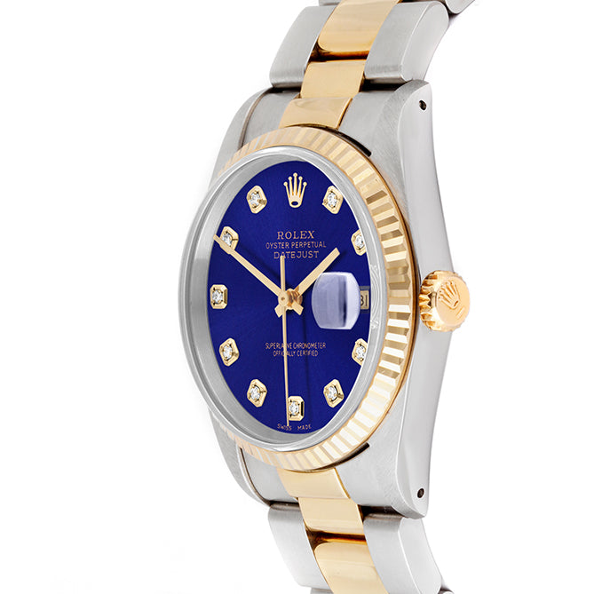 Rolex Datejust 36mm TWO TONE 16233 Blue Dial | Diamond  Hour Markers | Fluted Bezel