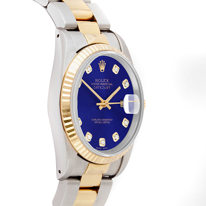 Rolex Datejust 36mm TWO TONE 16233 Blue Dial | Diamond  Hour Markers | Fluted Bezel