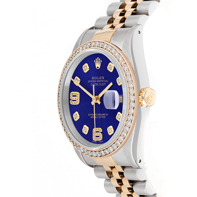 Rolex Datejust 36mm TWO TONE 16233 Blue Dial |  6&9 Diamond  Hour Markers | 1ct Diamond Bezel