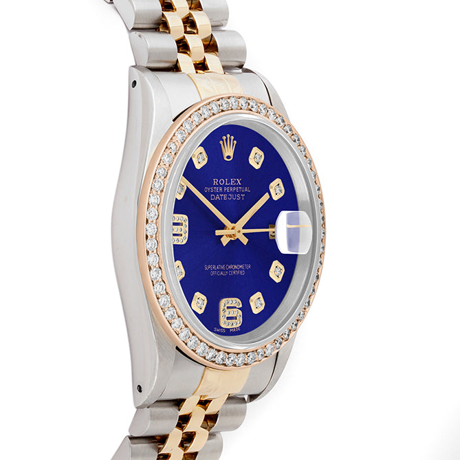 Rolex Datejust 36mm TWO TONE 16233 Blue Dial |  6&9 Diamond  Hour Markers | 1ct Diamond Bezel