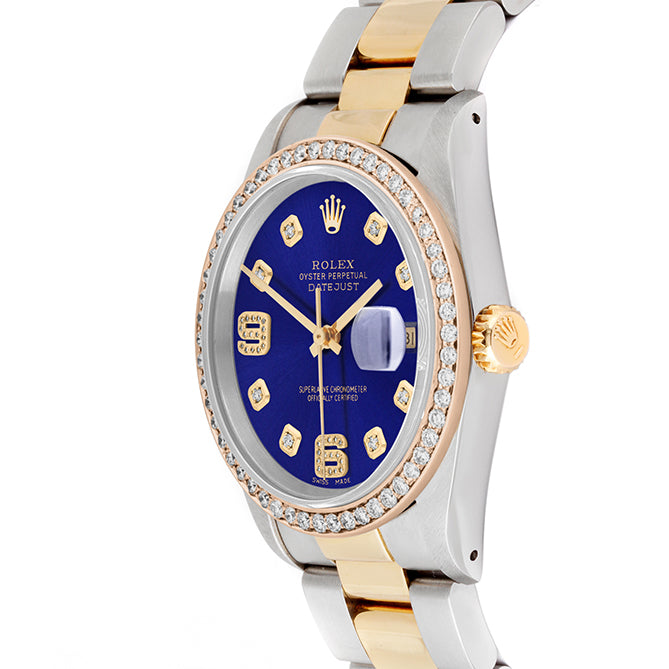 Rolex Datejust 36mm TWO TONE 16233 Blue Dial |  6&9 Diamond  Hour Markers | 1ct Diamond Bezel