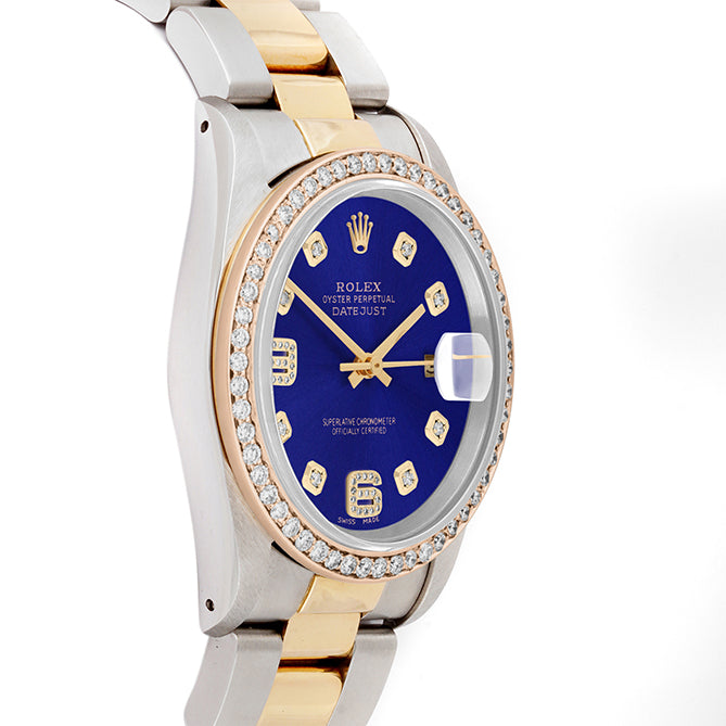 Rolex Datejust 36mm TWO TONE 16233 Blue Dial |  6&9 Diamond  Hour Markers | 1ct Diamond Bezel