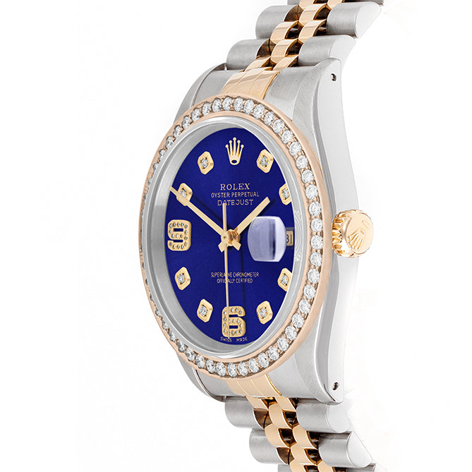 Rolex Datejust 36mm TWO TONE 16233 Blue Dial | 6&9 Diamond Hour Markers | 1.8ct Diamond Bezel