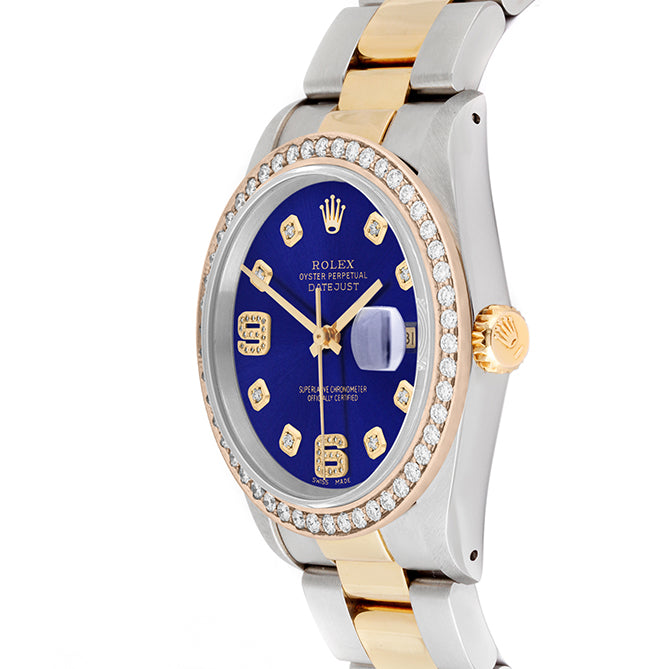 Rolex Datejust 36mm TWO TONE 16233 Blue Dial | 6&9 Diamond Hour Markers | 1.8ct Diamond Bezel