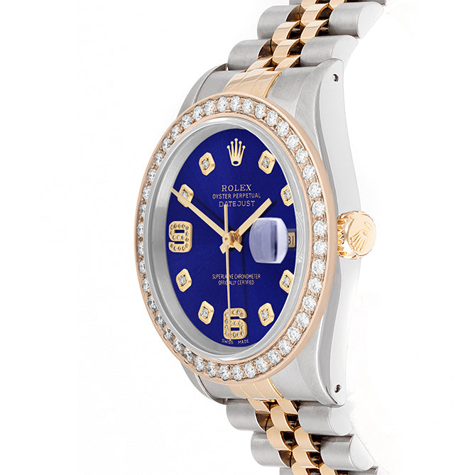 Rolex Datejust 36mm TWO TONE 16233 Blue  Dial |  6&9 Diamond  Hour Markers | 2ct Diamond Bezel