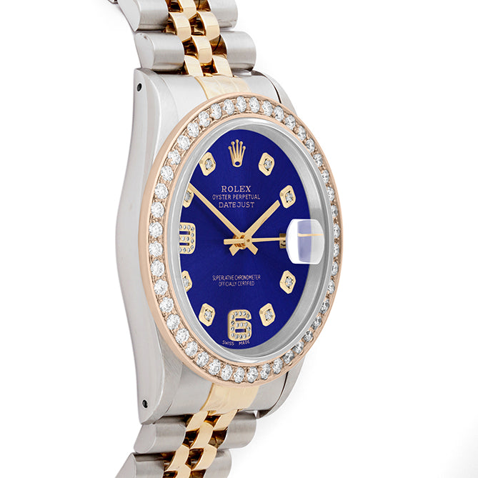 Rolex Datejust 36mm TWO TONE 16233 Blue  Dial |  6&9 Diamond  Hour Markers | 2ct Diamond Bezel