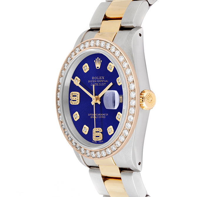Rolex Datejust 36mm TWO TONE 16233 Blue  Dial |  6&9 Diamond  Hour Markers | 2ct Diamond Bezel