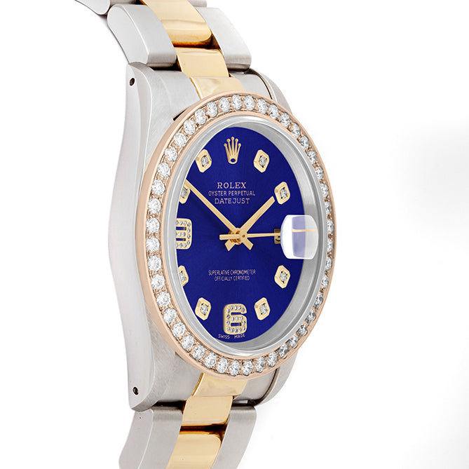 Rolex Datejust 36mm TWO TONE 16233 Blue  Dial |  6&9 Diamond  Hour Markers | 2ct Diamond Bezel
