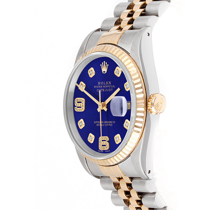 Rolex Datejust 36mm TWO TONE 16233 Blue Dial | 6&9 Diamond  Hour Markers | Fluted Bezel