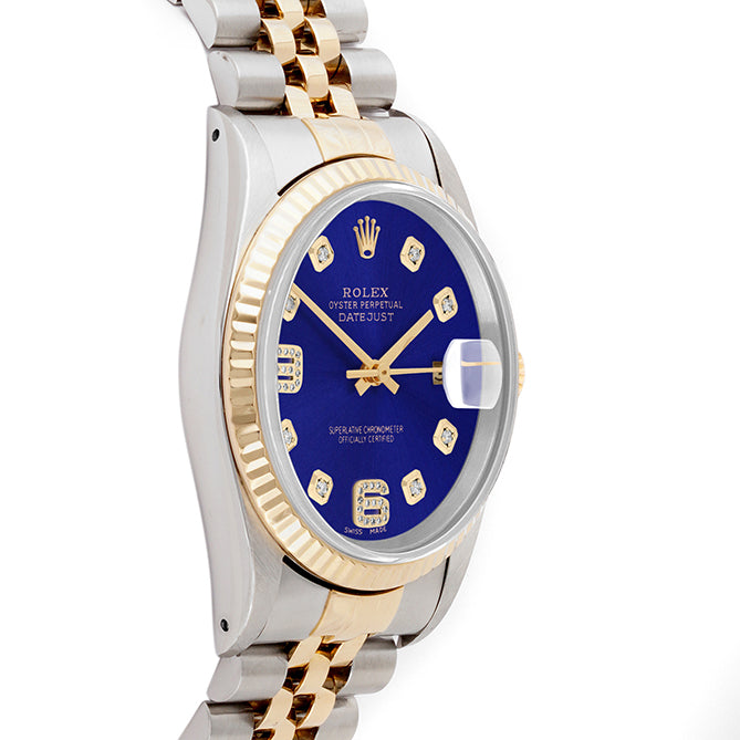 Rolex Datejust 36mm TWO TONE 16233 Blue Dial | 6&9 Diamond  Hour Markers | Fluted Bezel