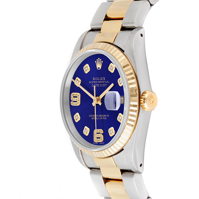 Rolex Datejust 36mm TWO TONE 16233 Blue Dial | 6&9 Diamond  Hour Markers | Fluted Bezel