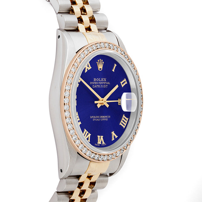 Rolex Datejust 36mm TWO TONE 16233 Blue Dial | Roman Hour Markers | 1ct Diamond Bezel