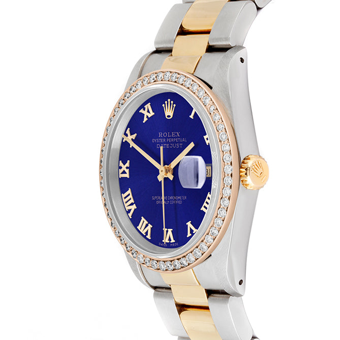 Rolex Datejust 36mm TWO TONE 16233 Blue Dial | Roman Hour Markers | 1ct Diamond Bezel