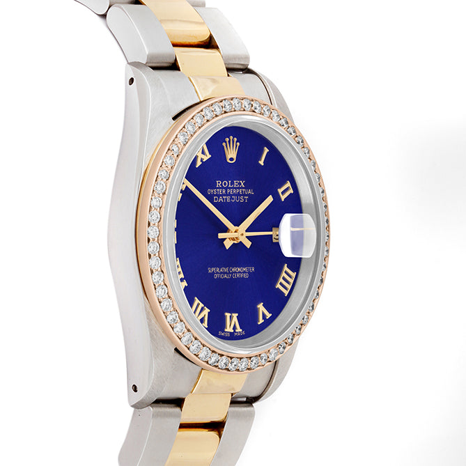 Rolex Datejust 36mm TWO TONE 16233 Blue Dial | Roman Hour Markers | 1ct Diamond Bezel
