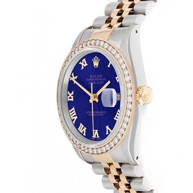 Rolex Datejust 36mm TWO TONE 16233 Blue Dial | Roman Hour Markers | 1.8ct Diamond Bezel