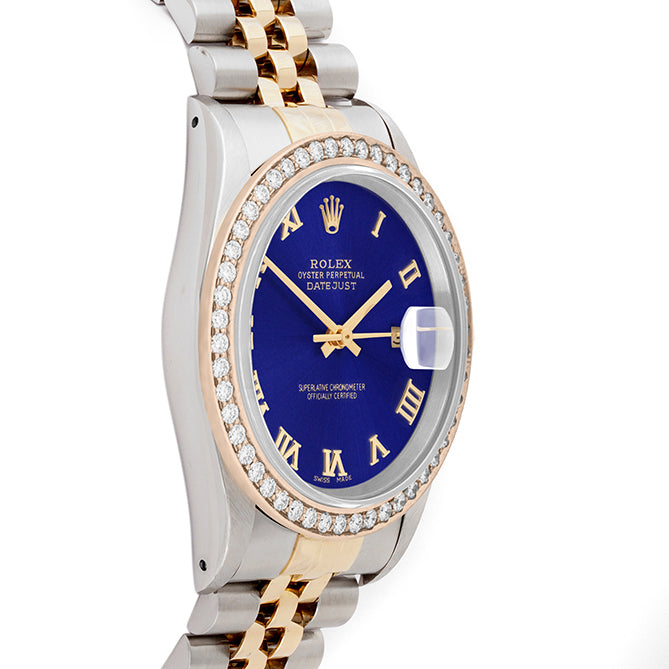 Rolex Datejust 36mm TWO TONE 16233 Blue Dial | Roman Hour Markers | 1.8ct Diamond Bezel