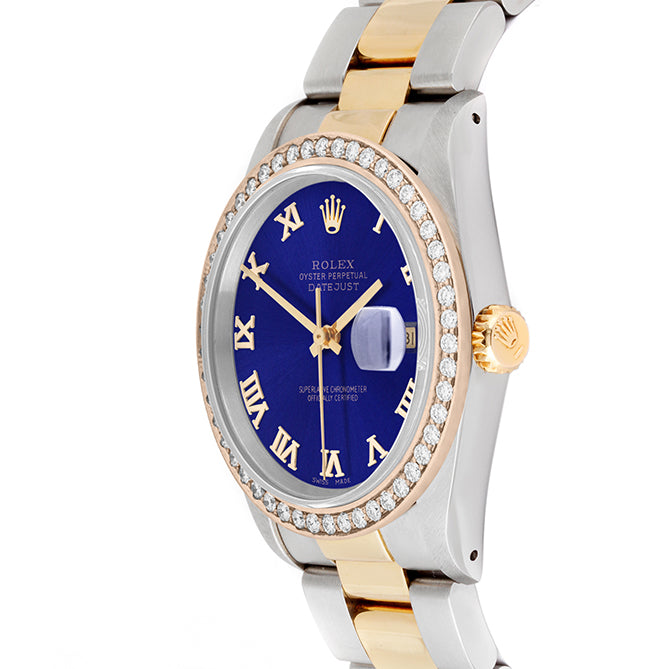 Rolex Datejust 36mm TWO TONE 16233 Blue Dial | Roman Hour Markers | 1.8ct Diamond Bezel