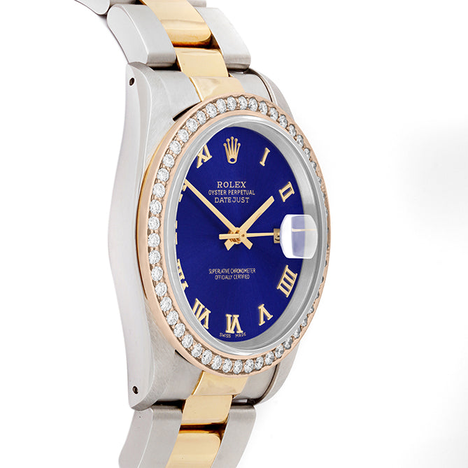 Rolex Datejust 36mm TWO TONE 16233 Blue Dial | Roman Hour Markers | 1.8ct Diamond Bezel