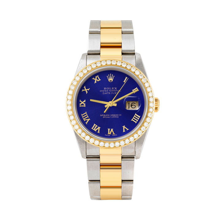 Rolex Datejust 36mm TWO TONE 16233 Blue Dial | Roman Hour Markers | 1.8ct Diamond Bezel