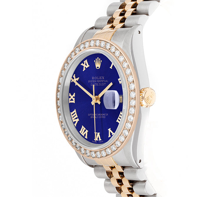 Rolex Datejust 36mm TWO TONE 16233  Blue  Dial | Roman Hour Markers | 2ct Diamond Bezel