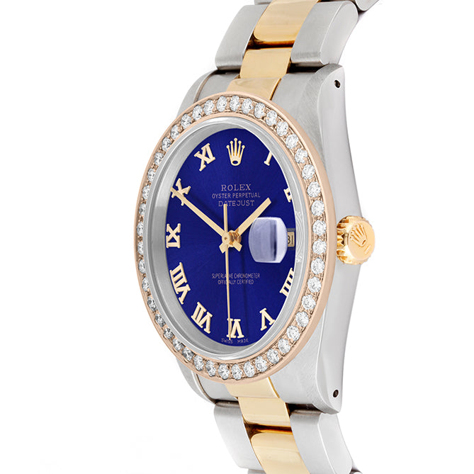Rolex Datejust 36mm TWO TONE 16233  Blue  Dial | Roman Hour Markers | 2ct Diamond Bezel