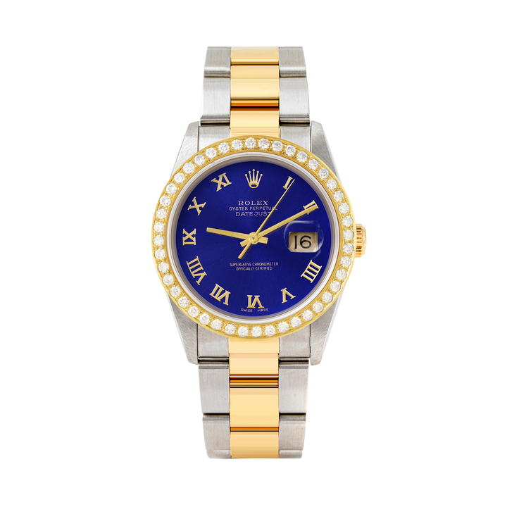 Rolex Datejust 36mm TWO TONE 16233  Blue  Dial | Roman Hour Markers | 2ct Diamond Bezel