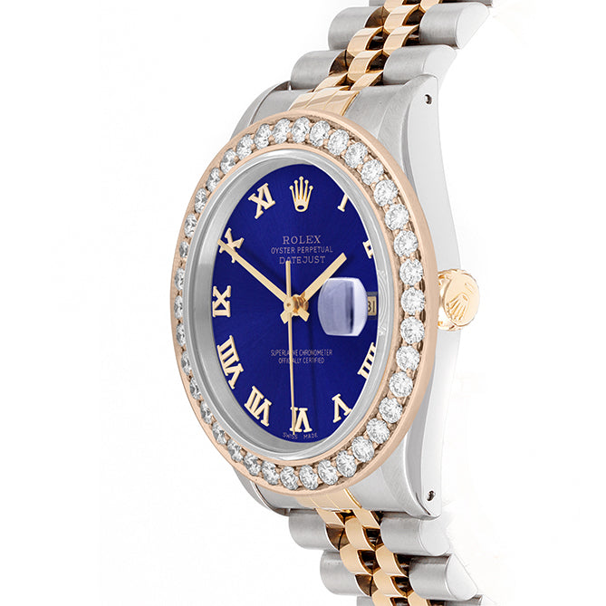 Rolex Datejust 36mm TWO TONE 16233  Blue  Dial | Roman Hour Markers | 2.5ct Diamond Bezel