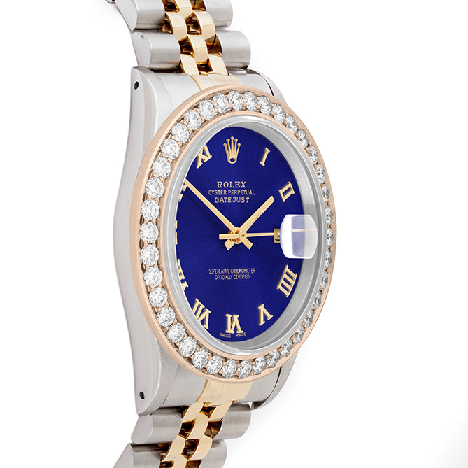Rolex Datejust 36mm TWO TONE 16233  Blue  Dial | Roman Hour Markers | 2.5ct Diamond Bezel