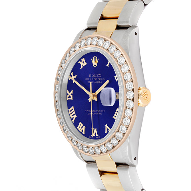 Rolex Datejust 36mm TWO TONE 16233  Blue  Dial | Roman Hour Markers | 2.5ct Diamond Bezel
