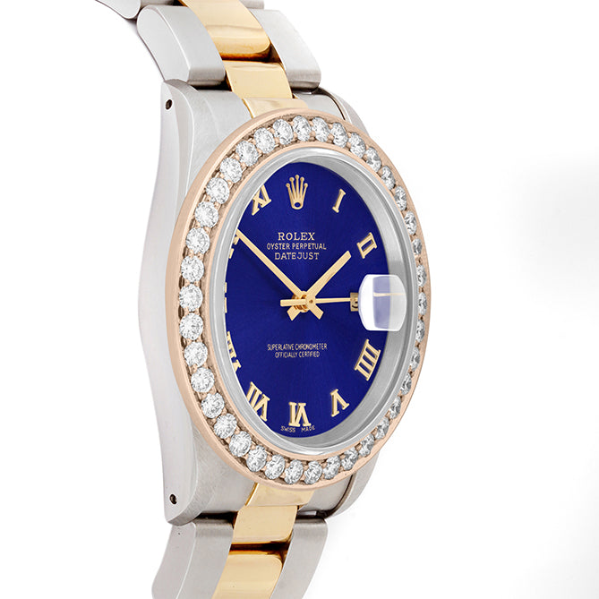 Rolex Datejust 36mm TWO TONE 16233  Blue  Dial | Roman Hour Markers | 2.5ct Diamond Bezel