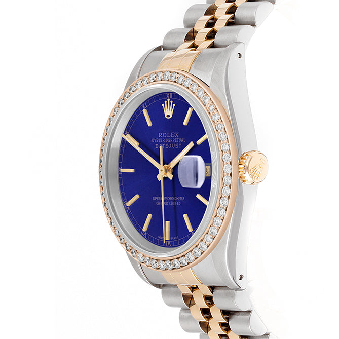 Rolex Datejust 36mm TWO TONE 16233 Blue Dial | Stick Hour Markers | 1ct Diamond Bezel