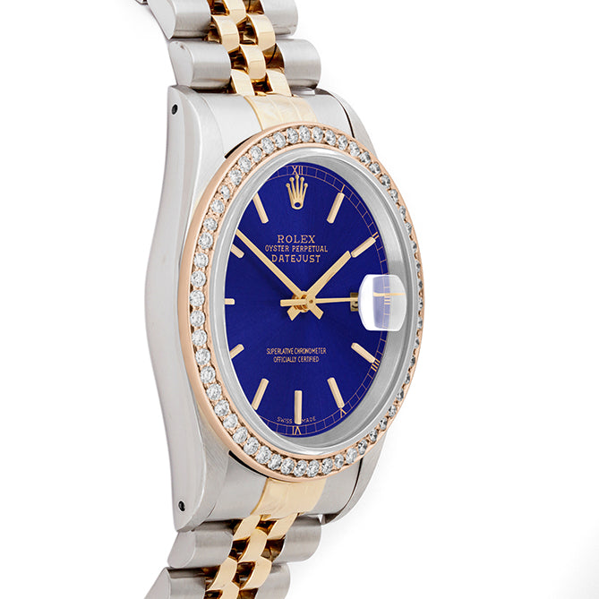 Rolex Datejust 36mm TWO TONE 16233 Blue Dial | Stick Hour Markers | 1ct Diamond Bezel