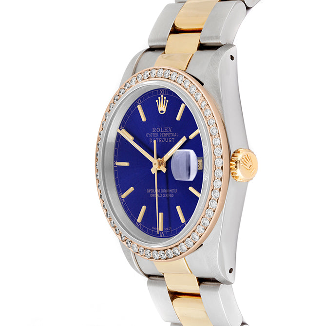 Rolex Datejust 36mm TWO TONE 16233 Blue Dial | Stick Hour Markers | 1ct Diamond Bezel