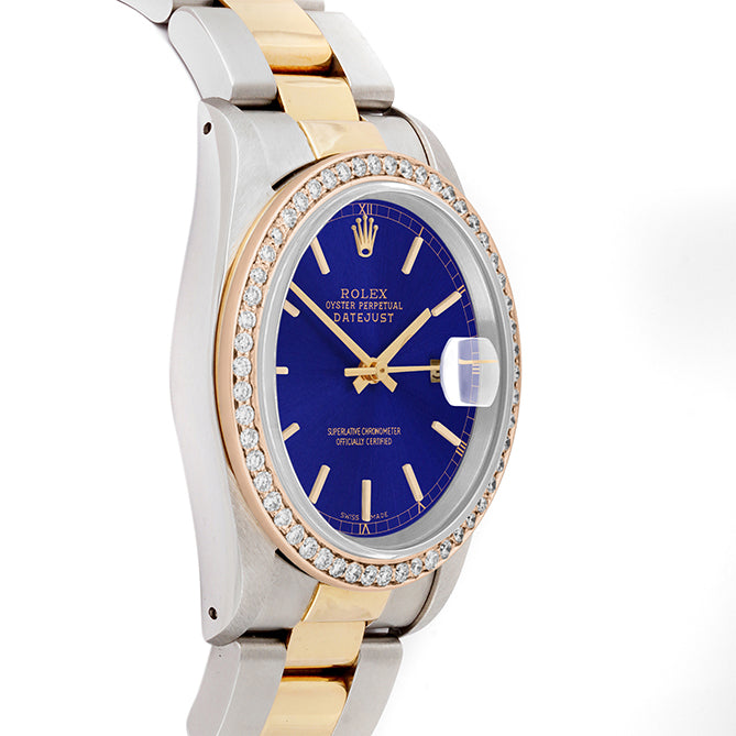 Rolex Datejust 36mm TWO TONE 16233 Blue Dial |  Stick Hour Markers | 1ct Diamond Bezel